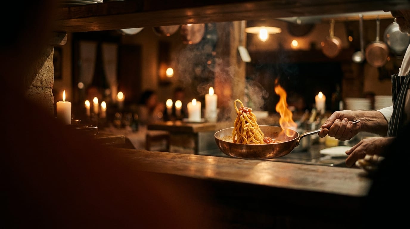 Marco vollendet Pasta in der Kupferpfanne am Feuer