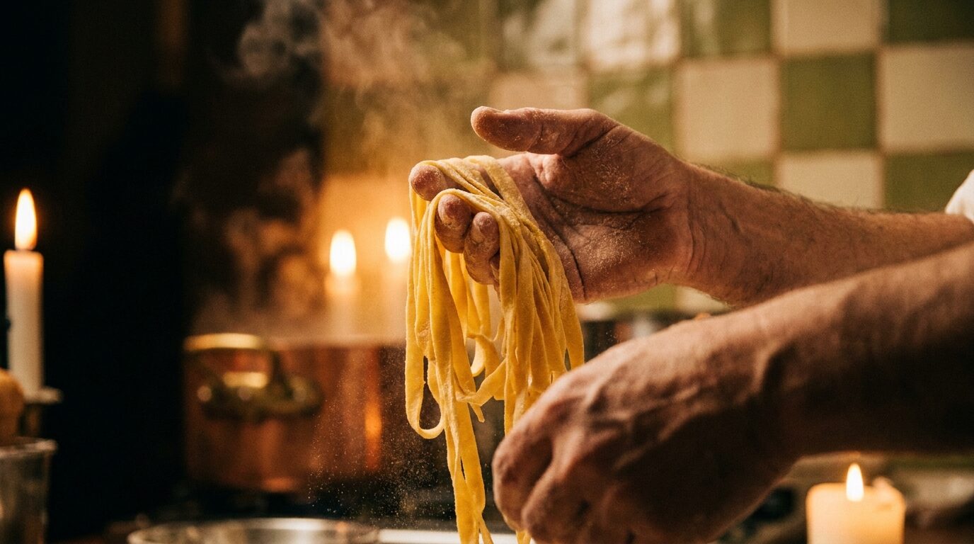 Marcos Hände heben ein Nest frischer Tagliatelle über bemehltem Marmor im Kerzenlicht