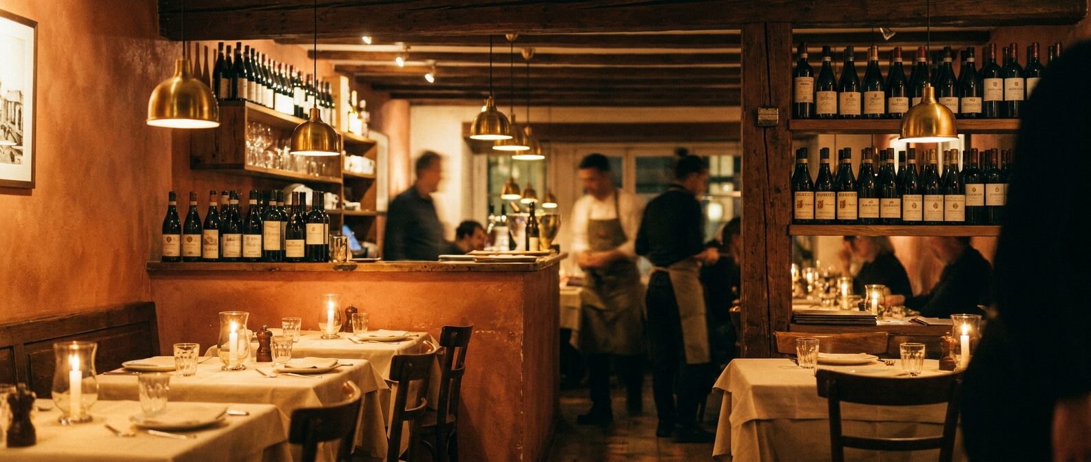 Blick in die Trattoria da Marco am Abend — Kerzenlicht, Terracotta-Wände, Piemont-Weine