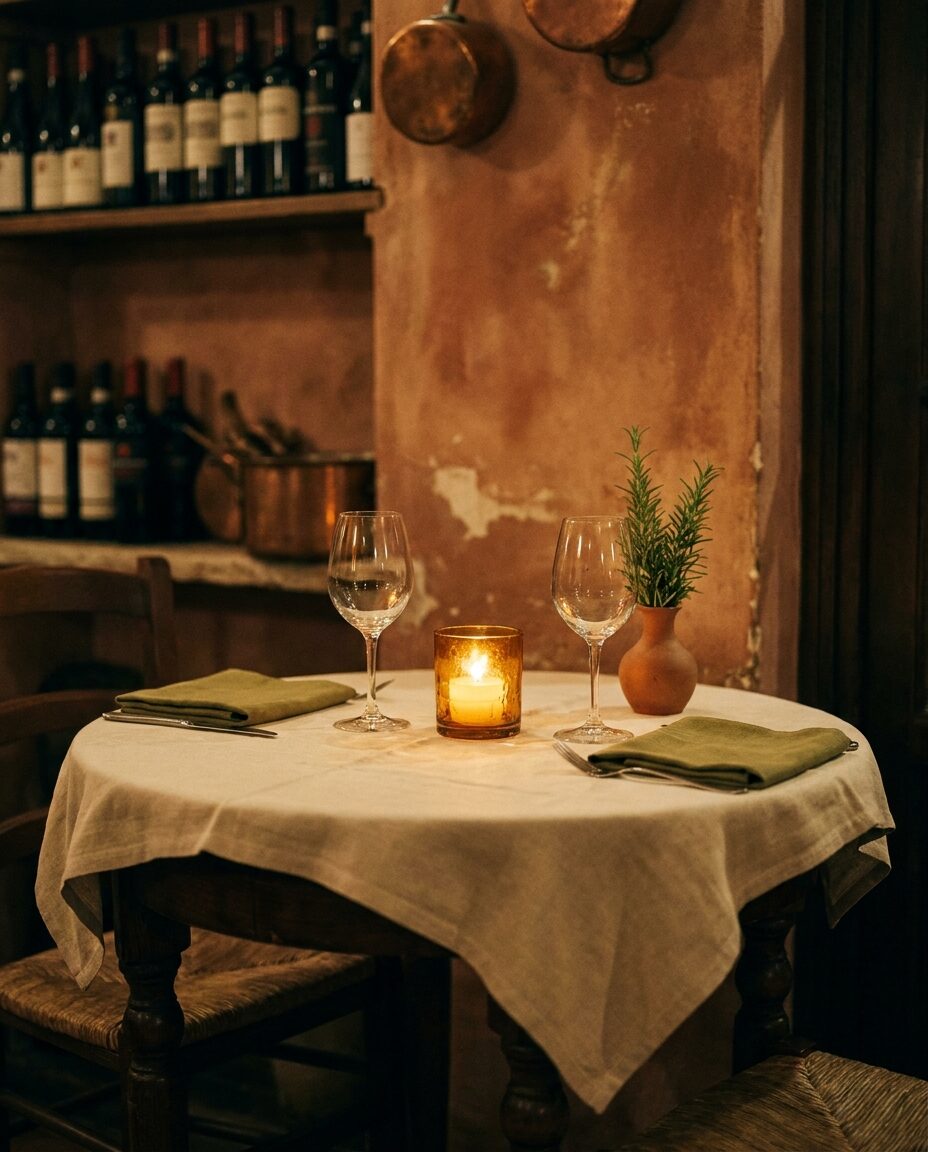 Gedeckter Tisch für zwei bei Kerzenlicht in der Trattoria da Marco