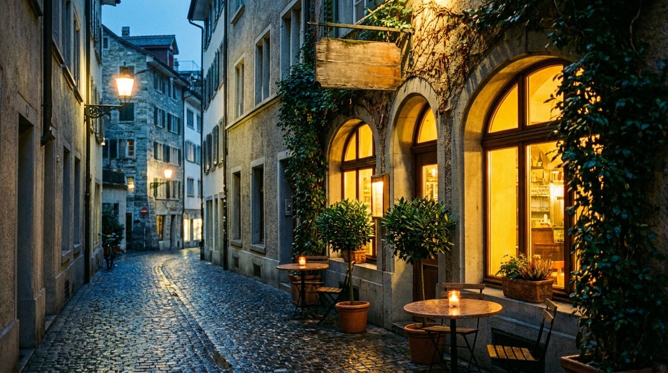 Die Trattoria im Niederdorf bei Abenddämmerung