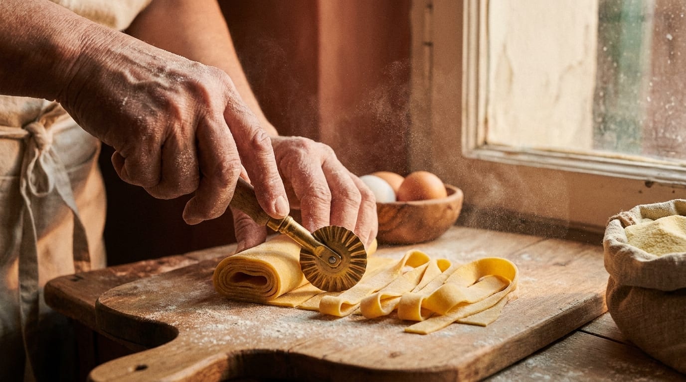 Frische Pasta wird von Hand geschnitten